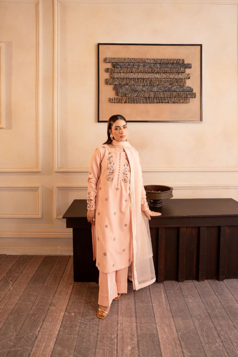 Fozia Khalid - Bloom - Peach - Premium Velvet - 3 Piece
