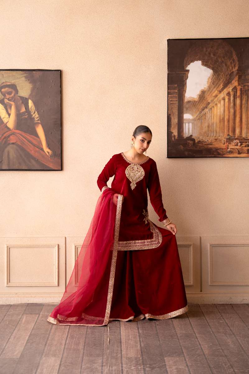 Fozia Khalid - Rose Ember - Hot Pink - Premium Velvet - 3 Piece