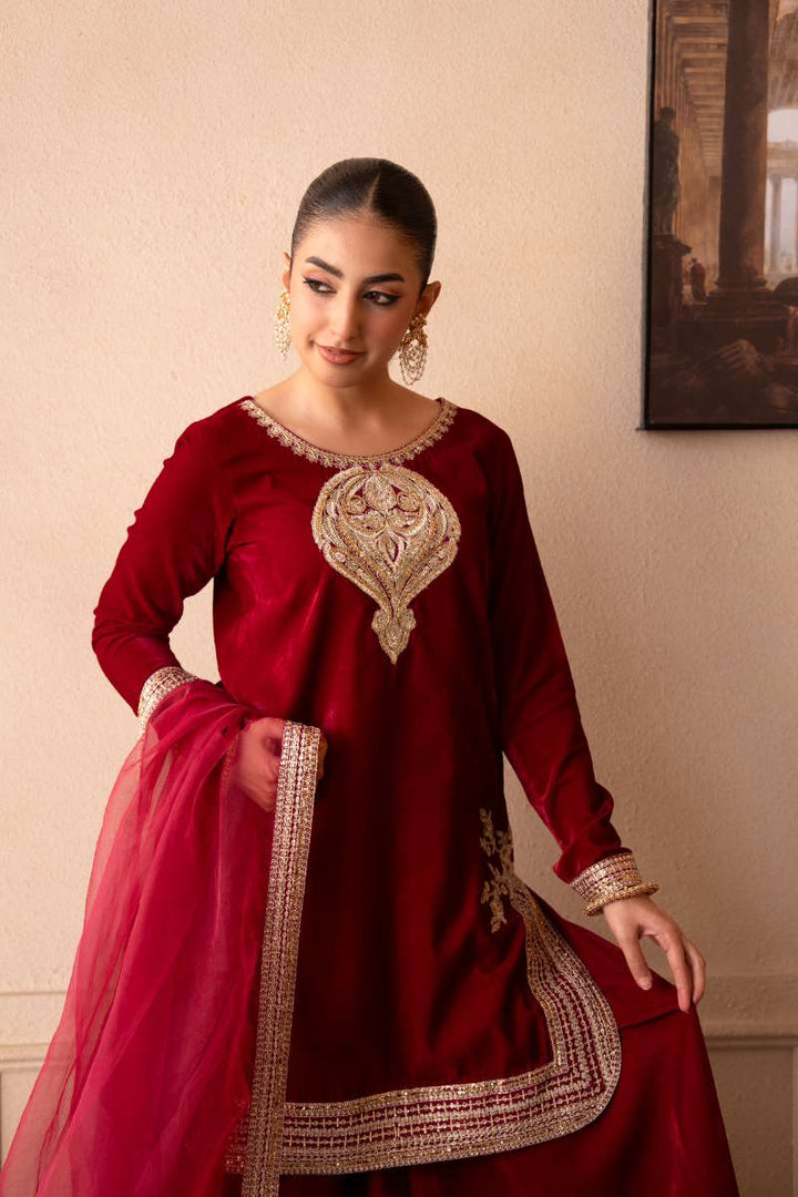 Fozia Khalid - Rose Ember - Hot Pink - Premium Velvet - 3 Piece