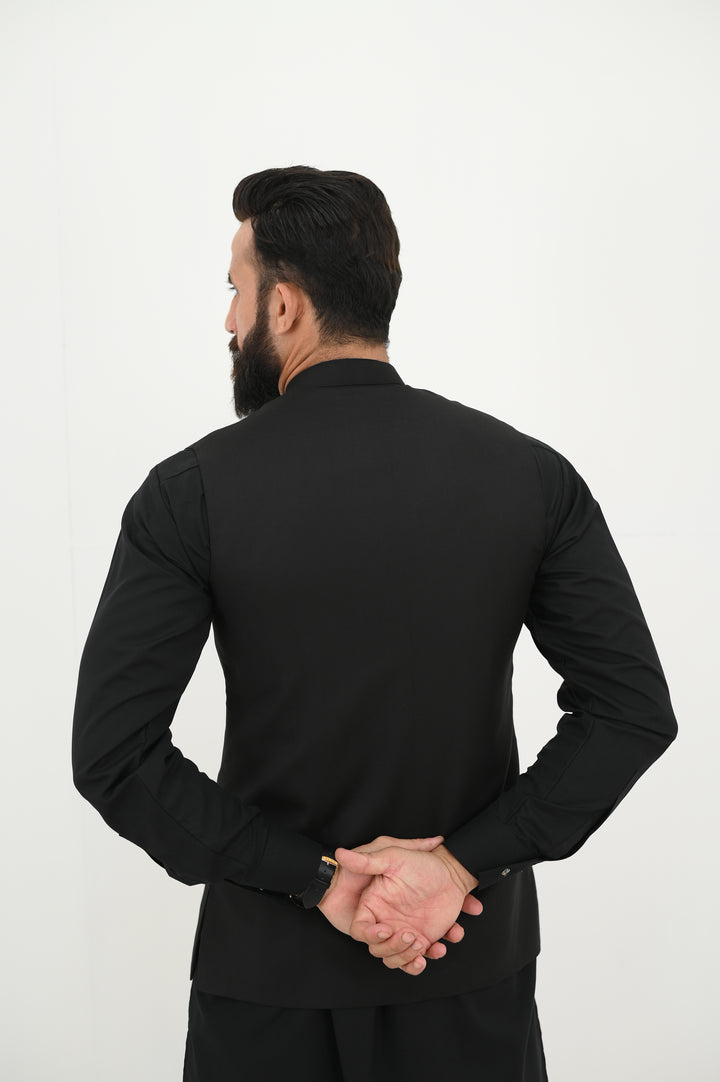 AlifYay Black Kurta Shalwar & Waistcoat - AY-017 - Blended - 3 Piece