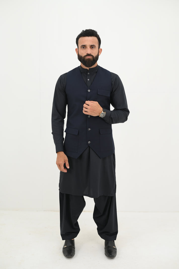 AlifYay Charcoal Black Kurta Shalwar & Navy Blue Waistcoat - AY-022 - Blended - 3 Piece