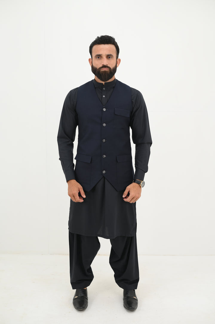 AlifYay Charcoal Black Kurta Shalwar & Navy Blue Waistcoat - AY-022 - Blended - 3 Piece