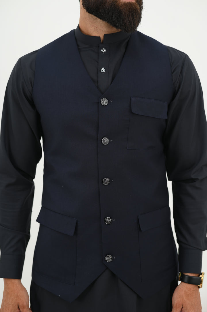 AlifYay Charcoal Black Kurta Shalwar & Navy Blue Waistcoat - AY-022 - Blended - 3 Piece