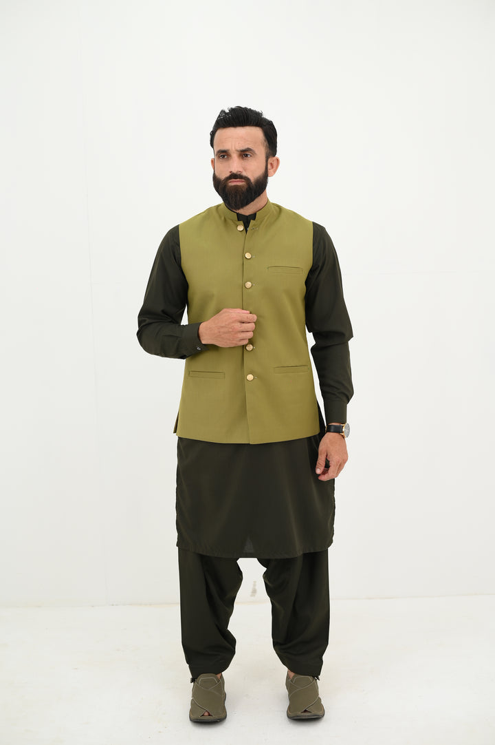 AlifYay Olive Green Kurta Shalwar & Navy Mustard Green Waistcoat - AY-023 - Blended - 3 Piece