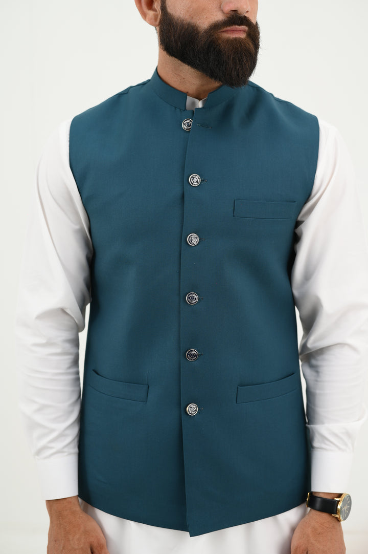 AlifYay White Kurta Shalwar & Teal Blue Waistcoat - AY-042 - Blended - 3 Piece