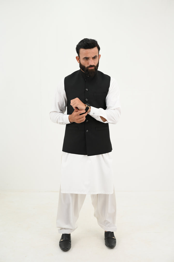AlifYay White Kurta Shalwar & Sleek Black Waistcoat - AY-044 - Blended - 3 Piece
