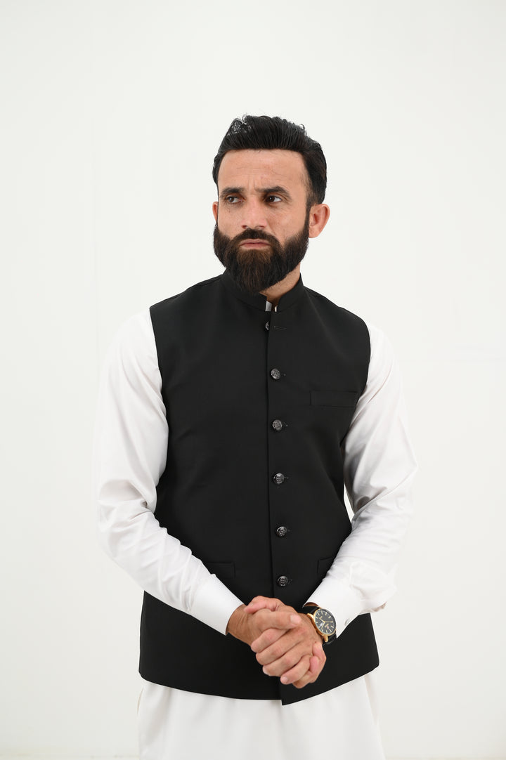 AlifYay White Kurta Shalwar & Sleek Black Waistcoat - AY-044 - Blended - 3 Piece