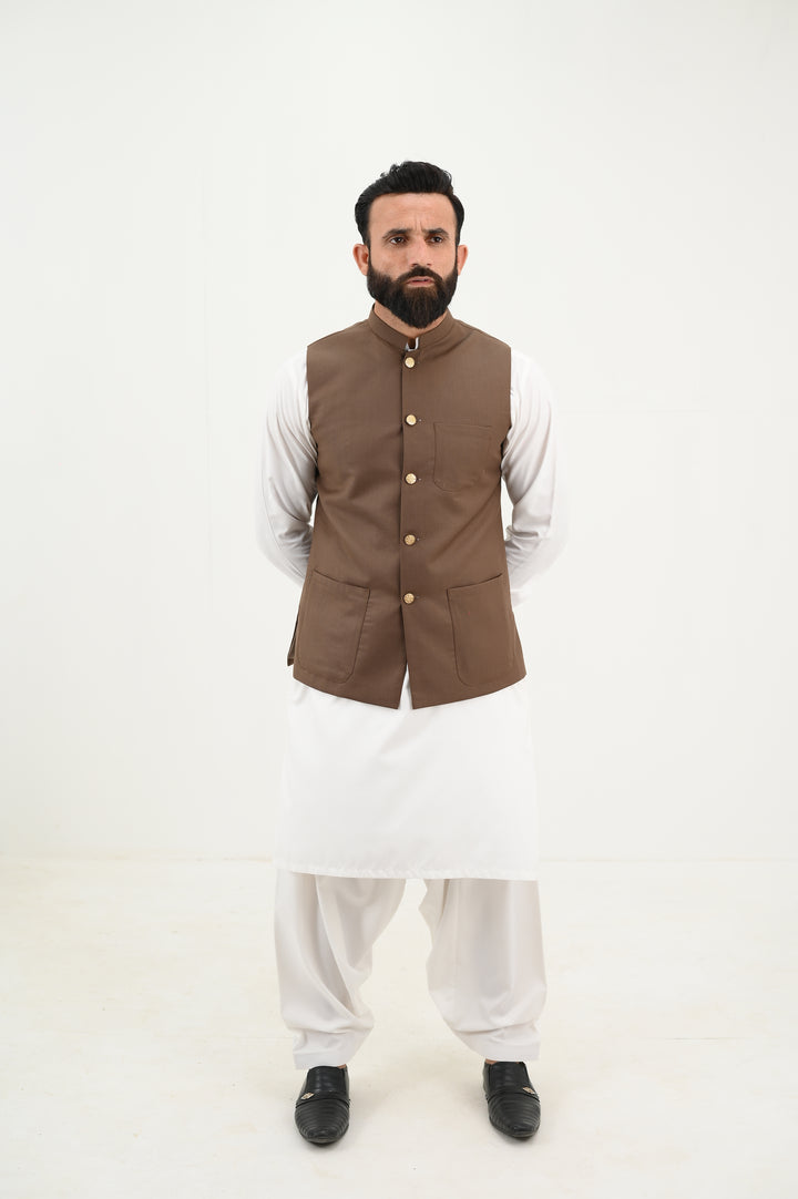 AlifYay White Kurta Shalwar & Brown Waistcoat - AY-048 - Blended  - 3 Piece
