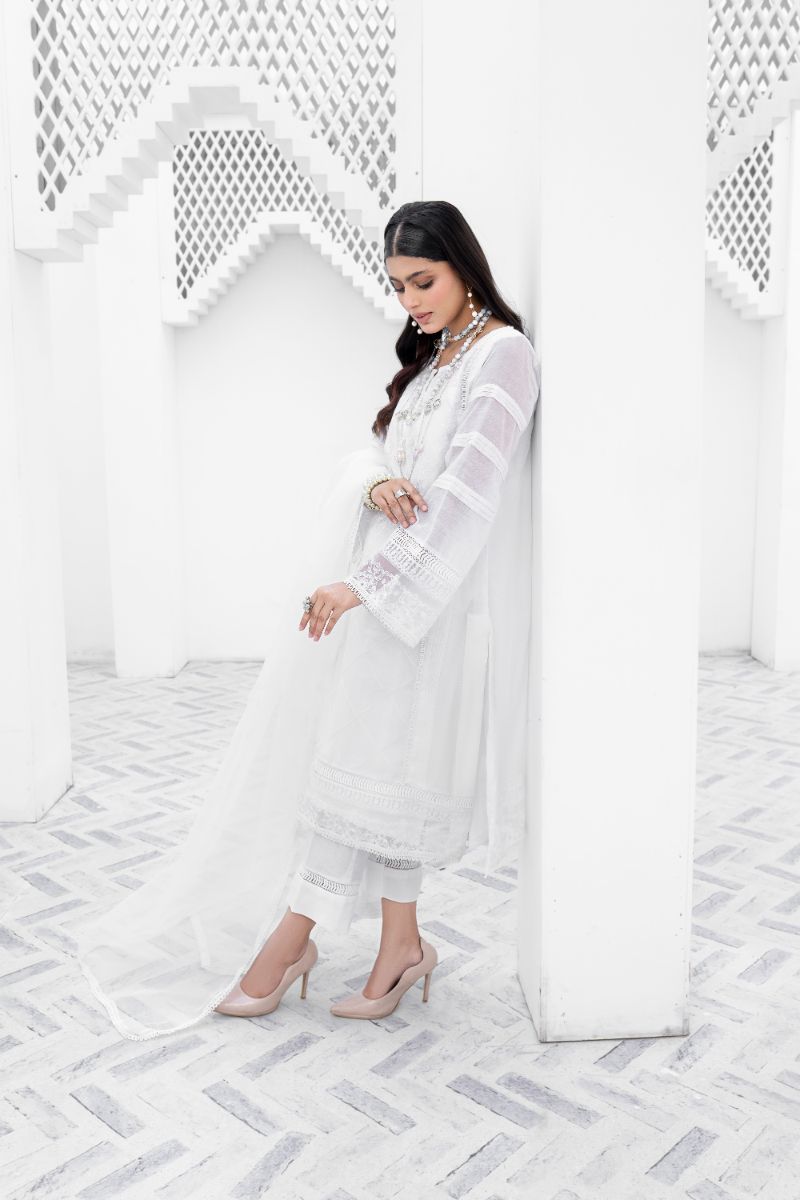 Laleen - Barg-White Cotton Silk Suit For Women - White - 3 Piece