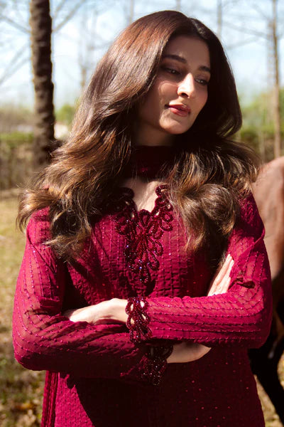 Natasha Kamal - Gorgette Chiffon Berry Suit For Women - Maroon - 3 Piece