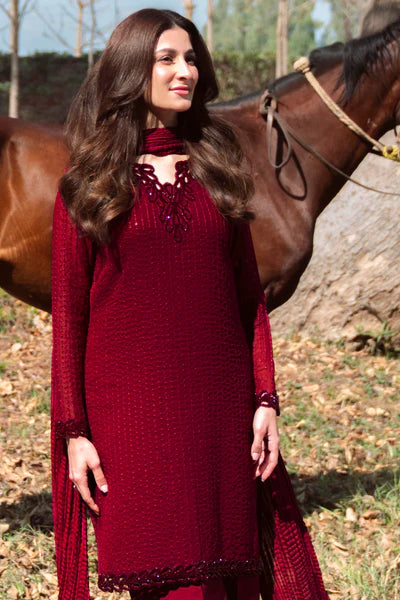 Natasha Kamal - Gorgette Chiffon Berry Suit For Women - Maroon - 3 Piece