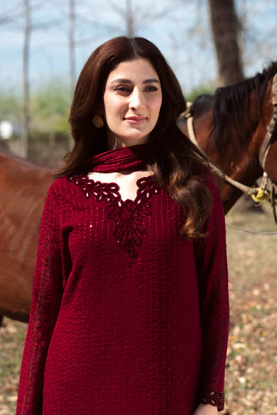 Natasha Kamal - Gorgette Chiffon Berry Suit For Women - Maroon - 3 Piece