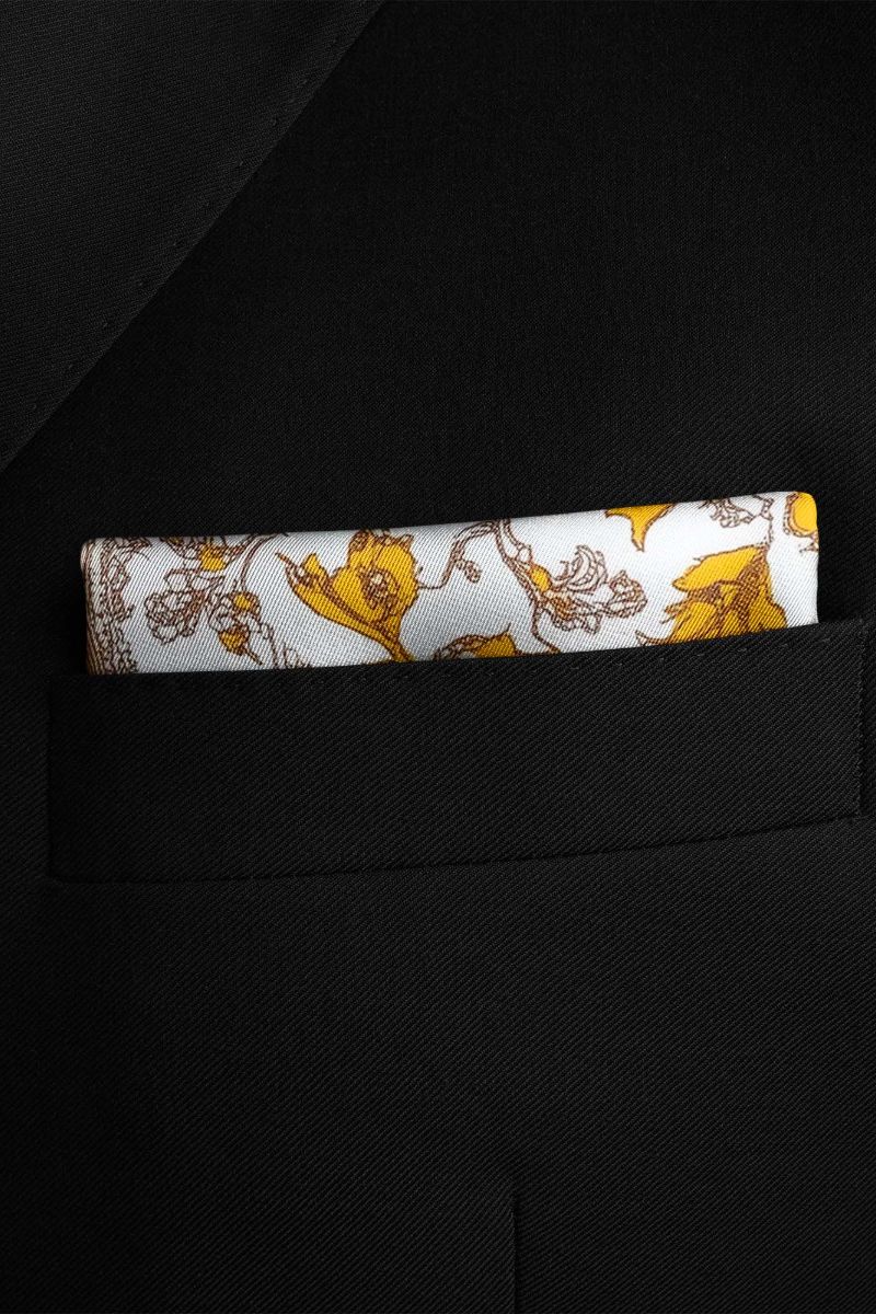 Black Wolf - ARABESQUE VINTAGE FLORAL SILK POCKET SQUARE - WHITE - SILK - 1 Piece