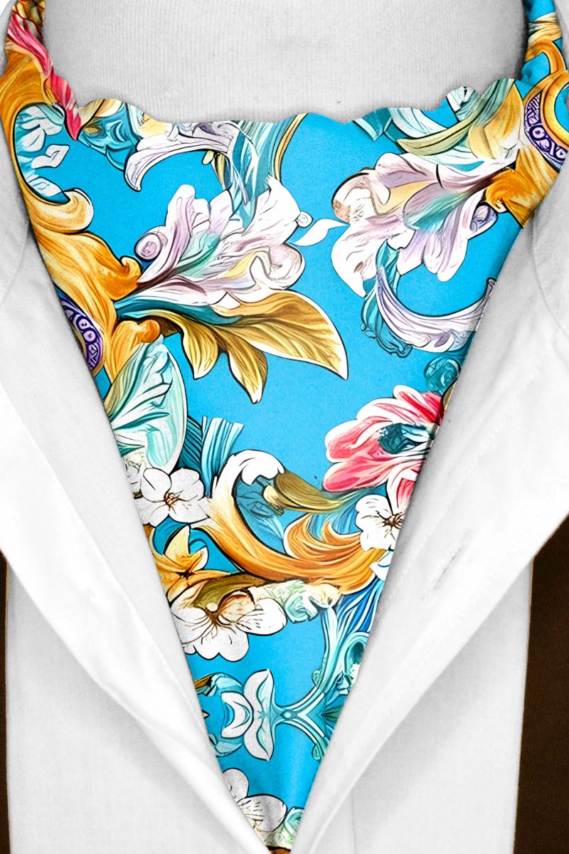Black Wolf - ELEGANCE COLORFUL FLORAL SILK ASCOT - Turquoise - 1 Piece