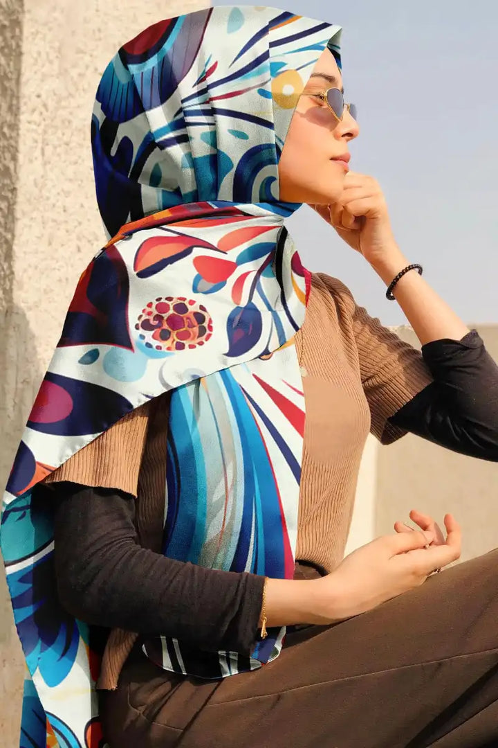 Black Wolf - FLORAL PATTERN SILK HIJAB - WHITE - 1 Piece