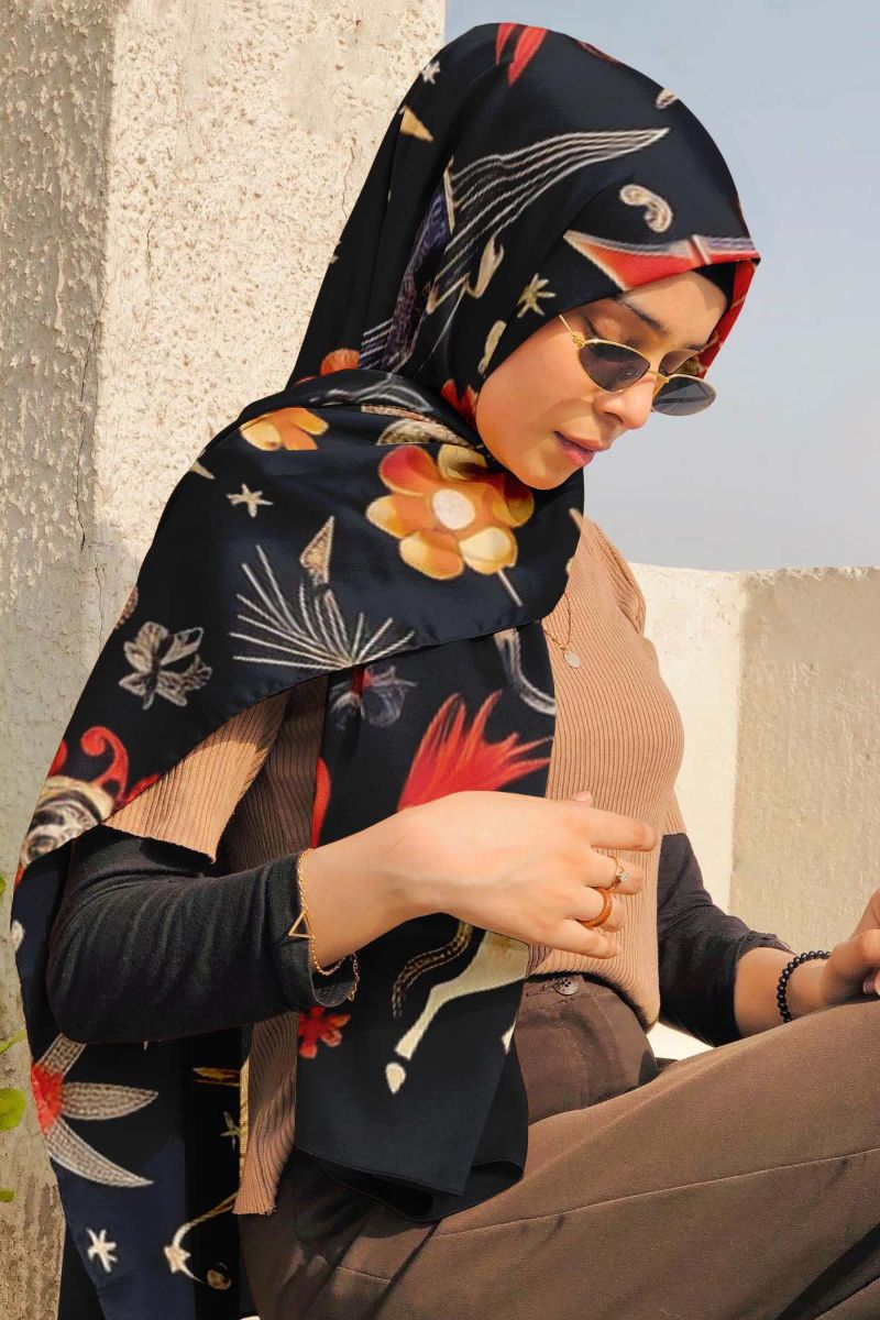 Black Wolf - FOLK ART SILK HIJAB - BLACK - 1 Piece