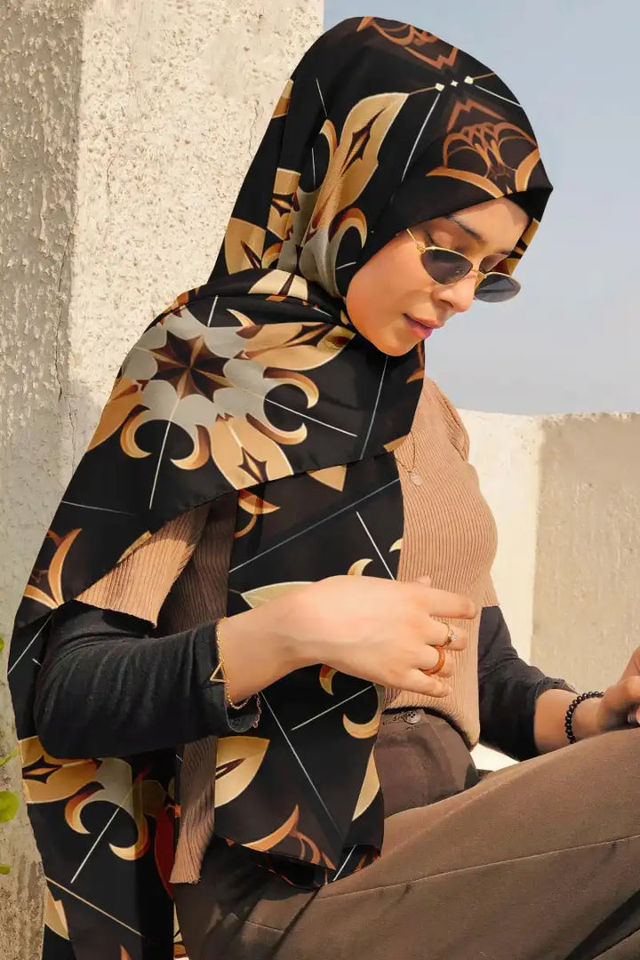 Black Wolf - GEOMETRIC FLORAL SILK HIJAB - BLACK - 1 Piece