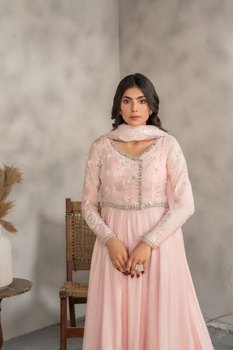 Laleen - Blair Cotton Silk Frock For Women - Powder Pink - 3 Piece