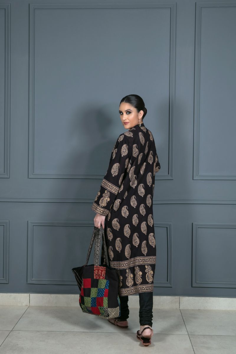 Khanz - Black Block Printed Kurta - Lawn - 1 Piece
