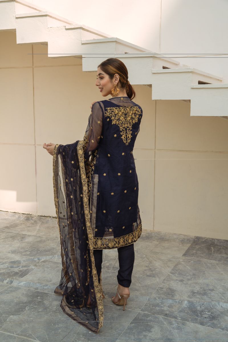Laleen - Blue Jewel Organza Suit For Women - Blue - 3 Piece