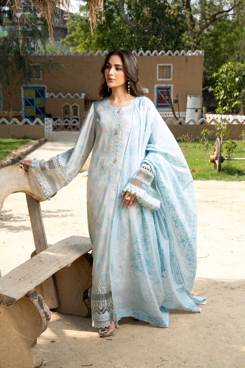 Laleen - Blue Mist Raw Silk Suit For Women - Ice Blue - 3 Piece