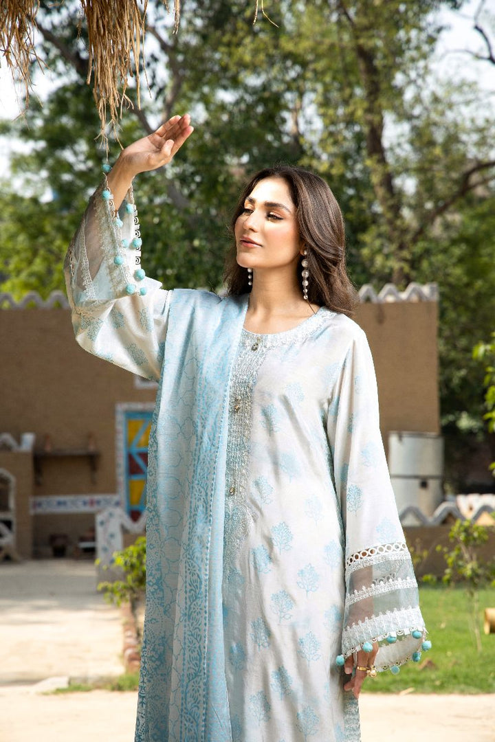 Laleen - Blue Mist Raw Silk Suit For Women - Ice Blue - 3 Piece
