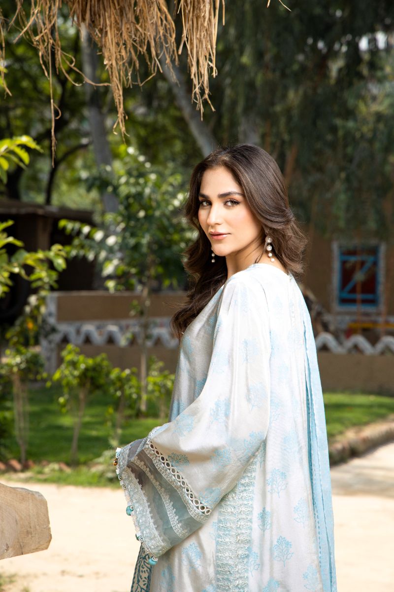 Laleen - Blue Mist Raw Silk Suit For Women - Ice Blue - 3 Piece