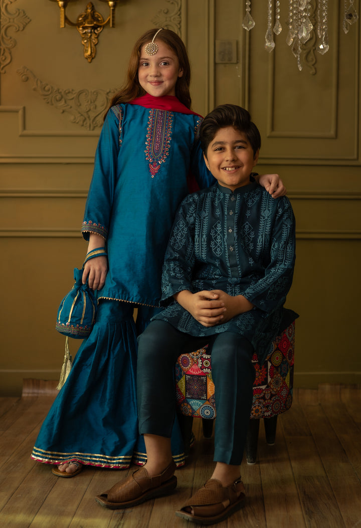 Cheeco Chic - Blended Cotton Kurta Pajama For Boy - Teal - 2 Piece