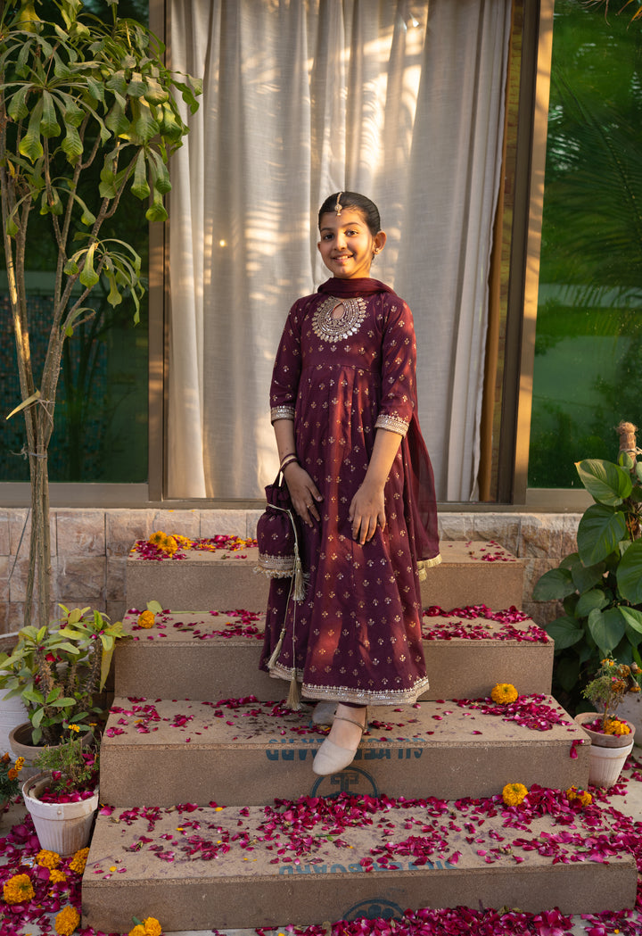 Cheeco Chic - Cotton Silk Frock For Girl - Plum - 3 Piece