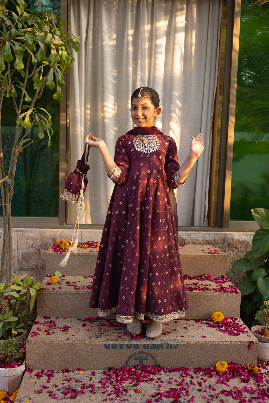Cheeco Chic - Cotton Silk Frock For Girl - Plum - 3 Piece
