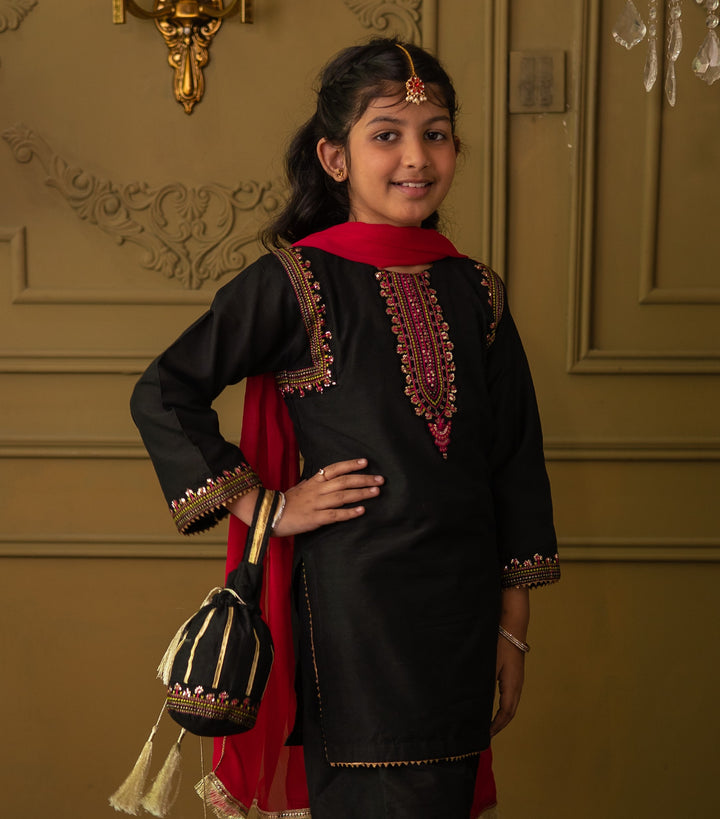 Cheeco Chic - Cotton Silk Gharara For Girl - Black - 3 Piece