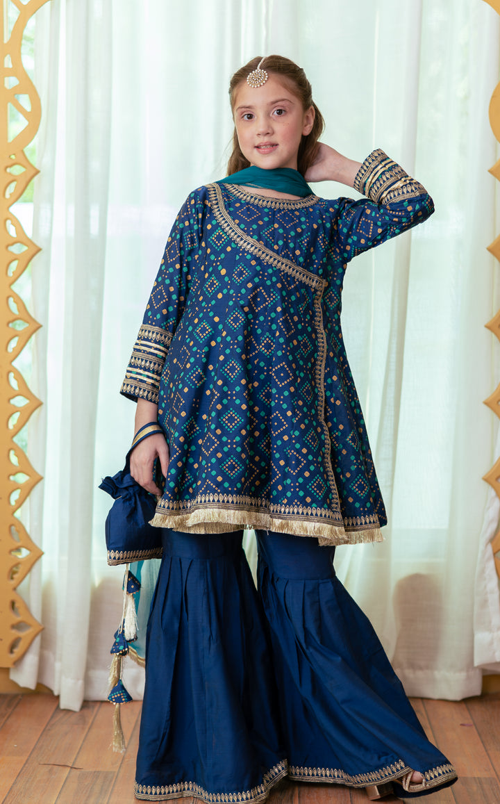 Cheeco Chic - Cotton Silk Gharara For Girl - Blue - 3 Piece