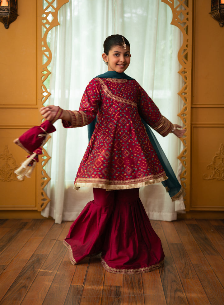Cheeco Chic - Cotton Silk Gharara For Girl - Pink - 3 Piece