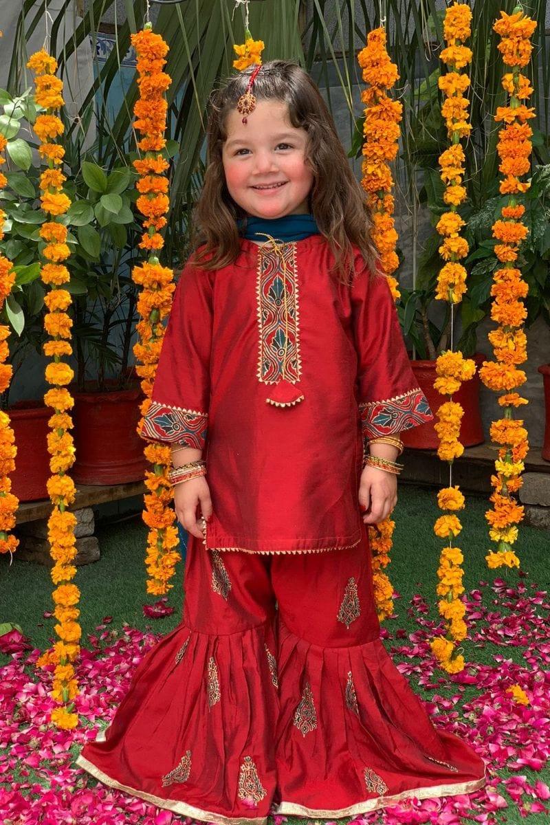 Cheeco Chic - RBPEID23 - Cotton Silk Block Print Shirt with Gharara - Kids - 3 Piece