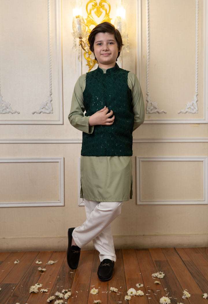 Cheeco Chic - Raw Silk Waistcoat For Boy - Green - 1 Piece