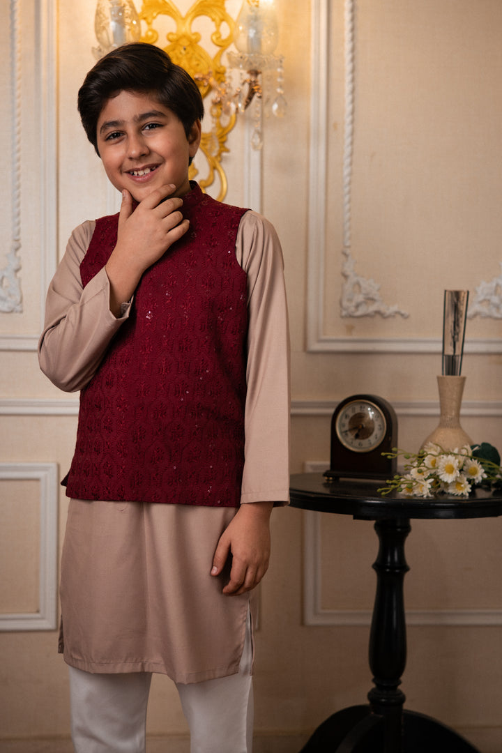 Cheeco Chic - Raw Silk Waistcoat For Boy - Maroon - 1 Piece