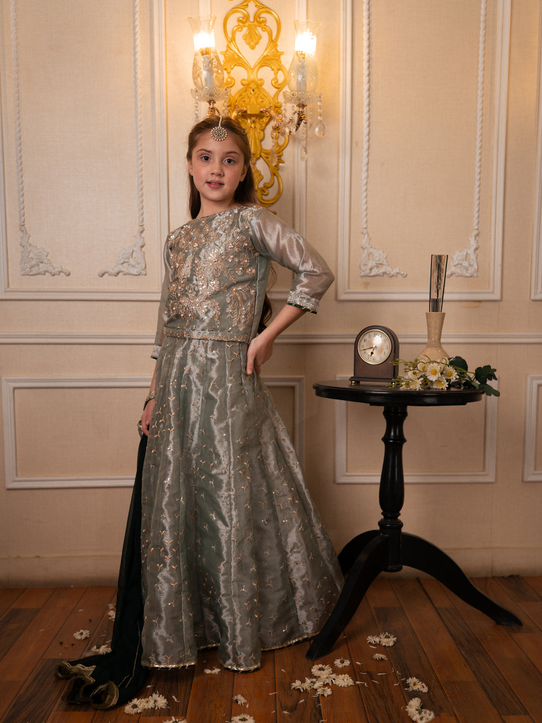 Cheeco Chic - Tissue Silk Lehanga For Girl - Sage - 3 Piece