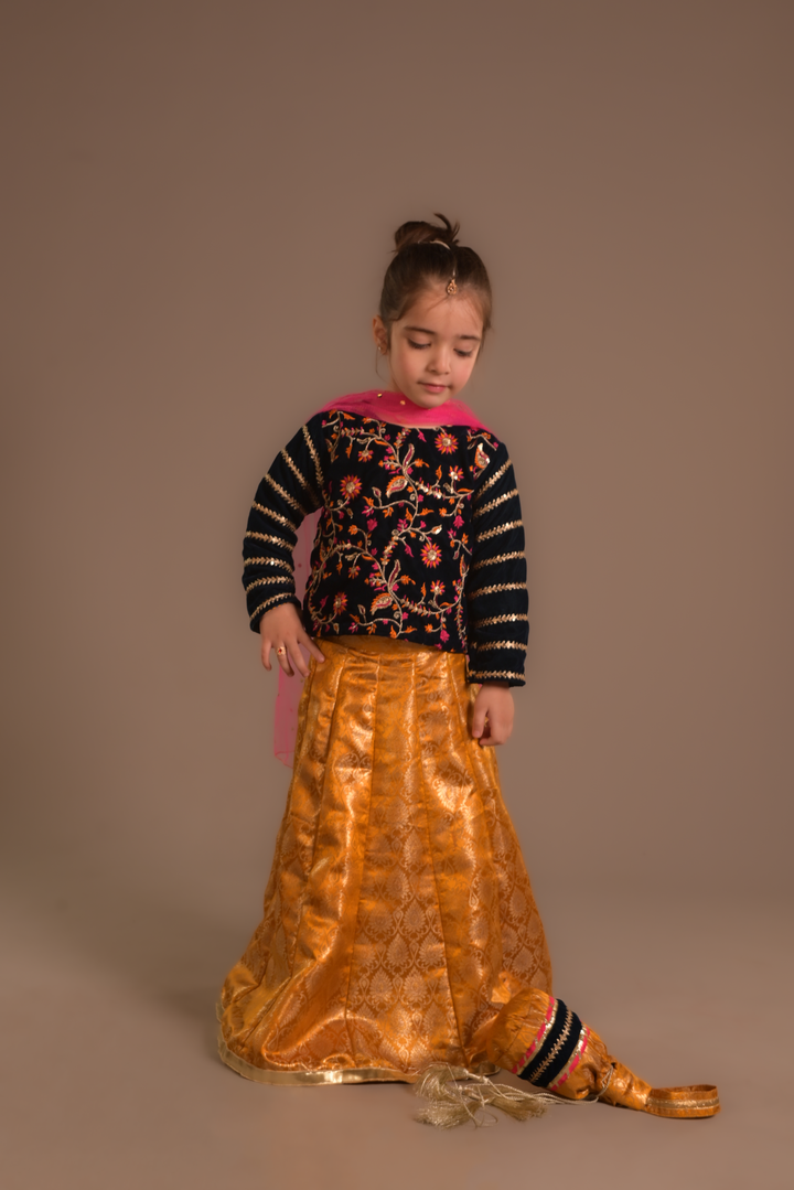 Cheeco Chic - Velvet & Atlas Banarsi Lehanga For Girl - Teal - 3 Piece