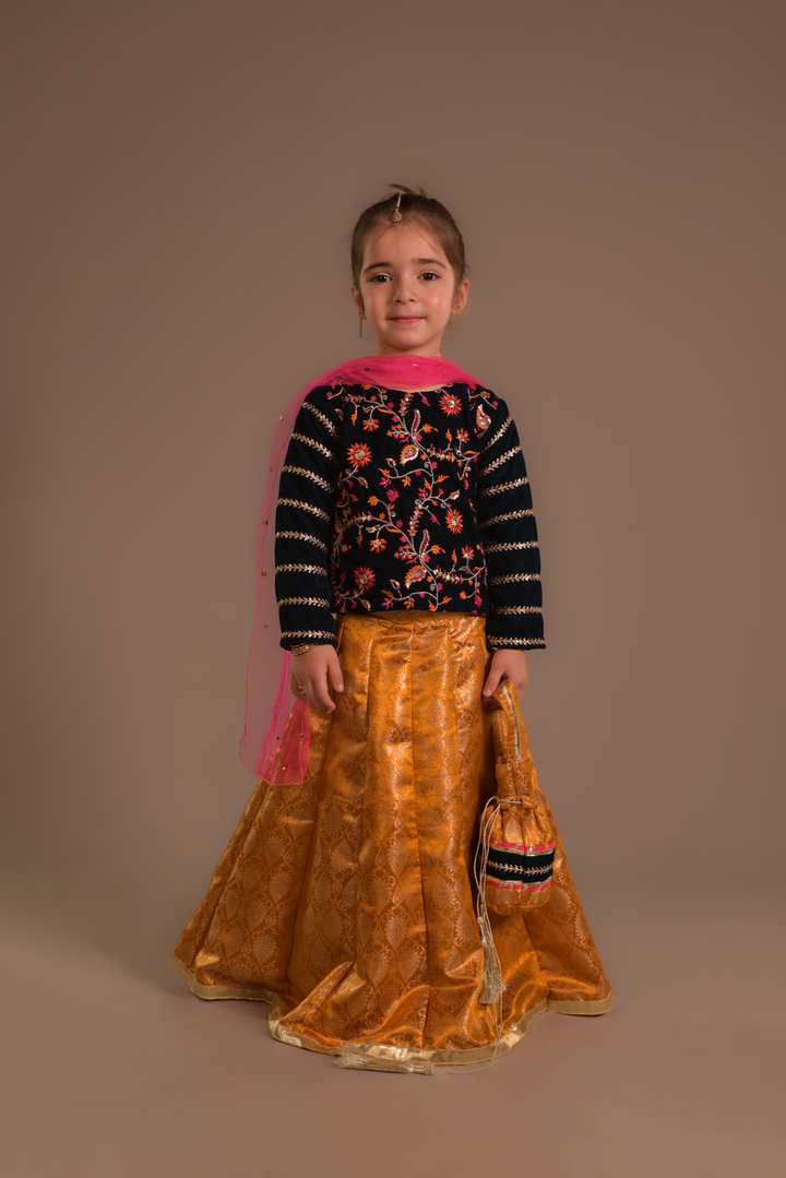 Cheeco Chic - Velvet & Atlas Banarsi Lehanga For Girl - Teal - 3 Piece
