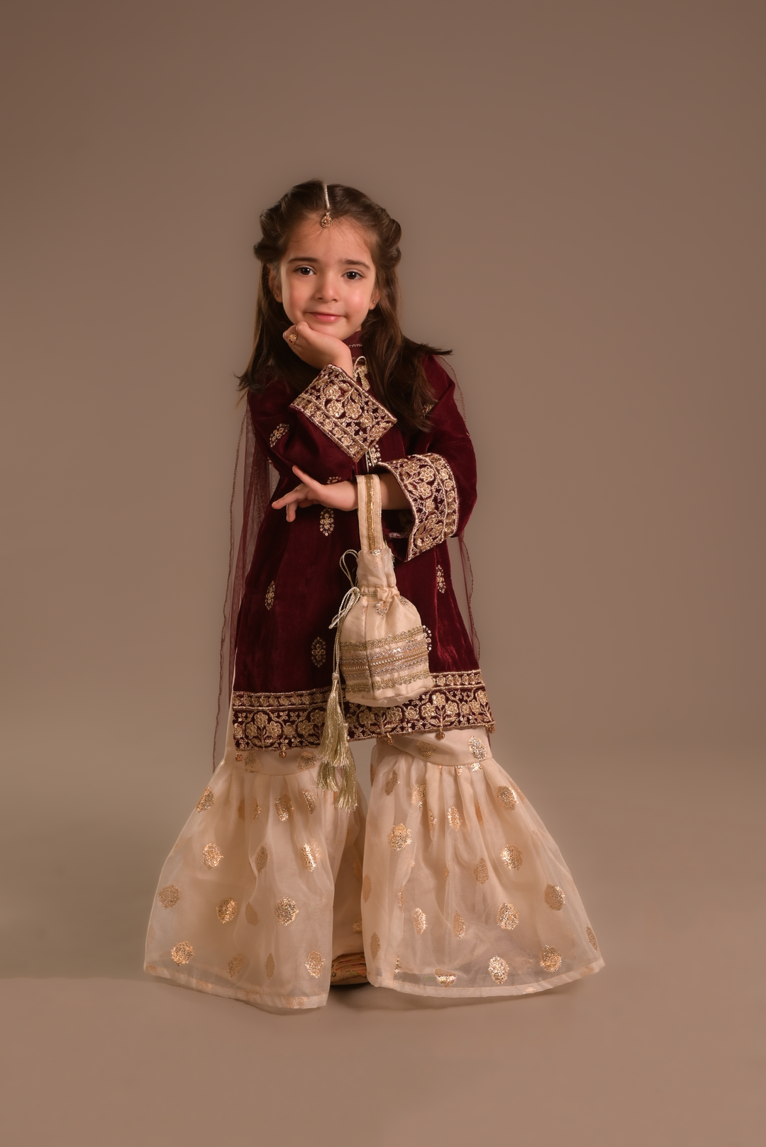 Cheeco Chic - Velvet & Organza Gharara For Girl - Maroon - 3 Piece