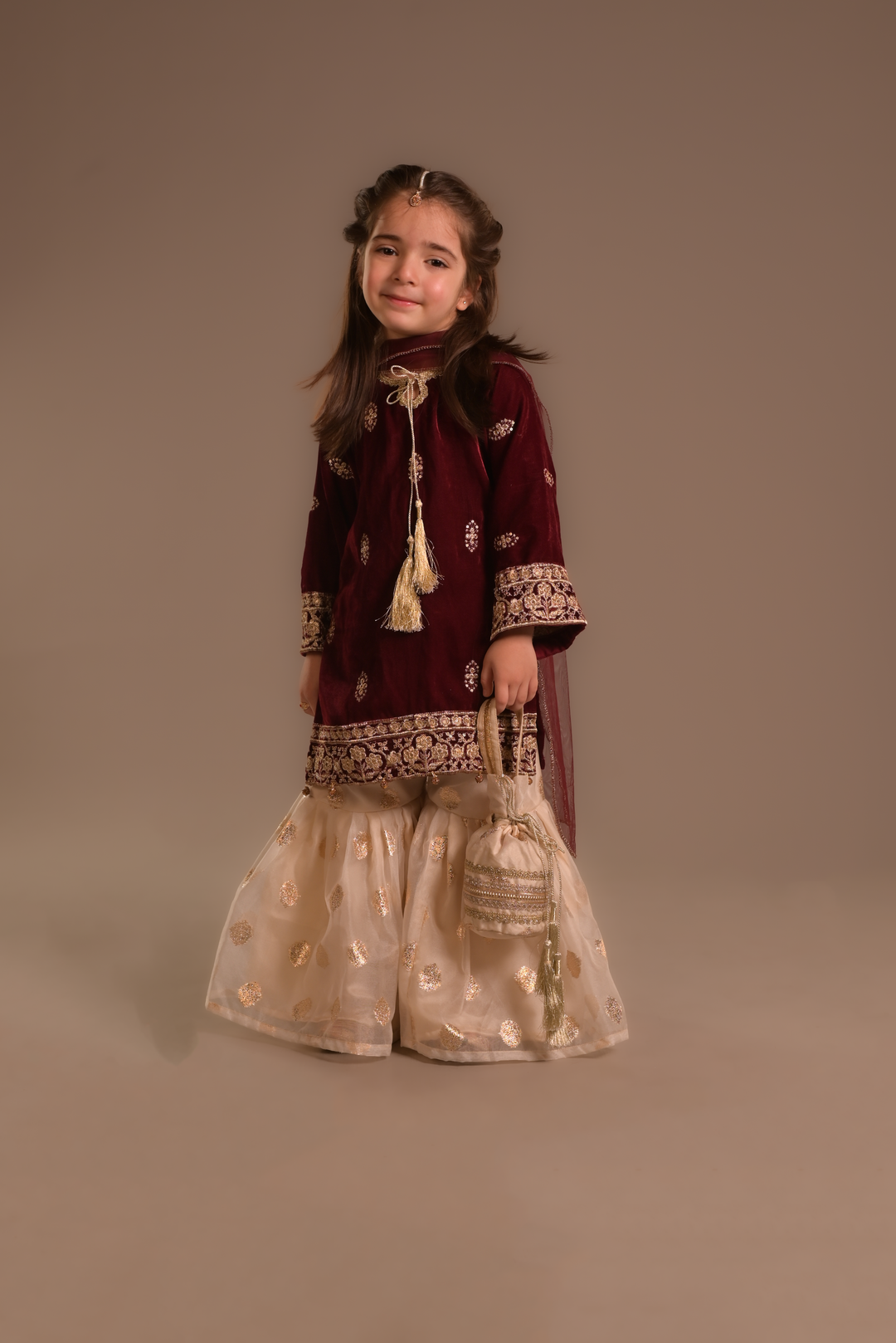 Cheeco Chic - Velvet & Organza Gharara For Girl - Maroon - 3 Piece
