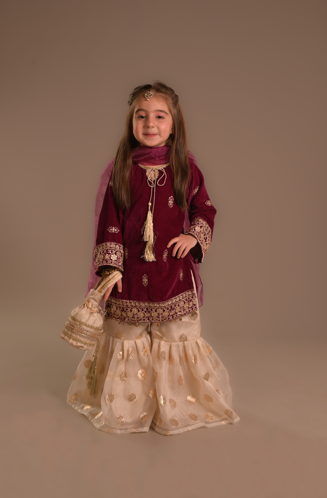 Cheeco Chic - Velvet & Organza Gharara For Girl - Pink - 3 Piece