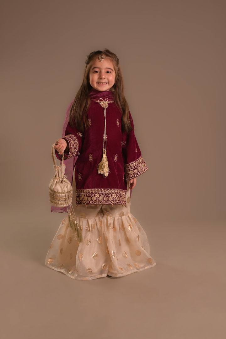 Cheeco Chic - Velvet & Organza Gharara For Girl - Pink - 3 Piece