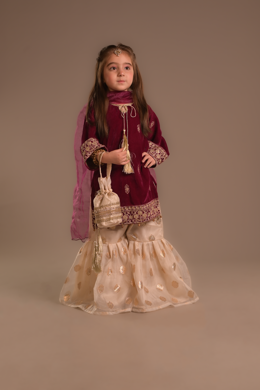 Cheeco Chic - Velvet & Organza Gharara For Girl - Pink - 3 Piece