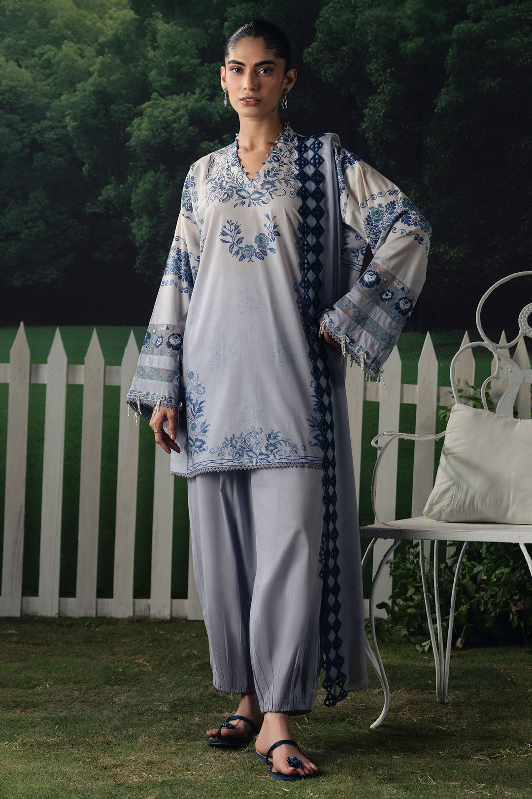 Cross Stitch AZURE BLOOM Unstitched Blue 3 Piece