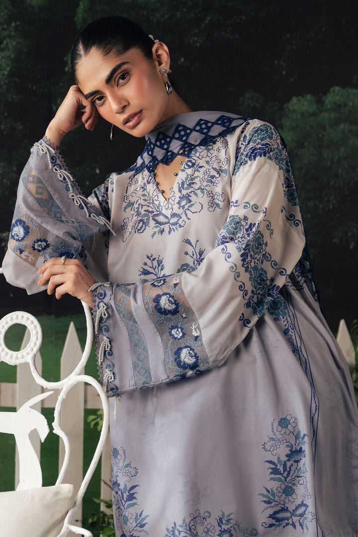 Cross Stitch AZURE BLOOM Unstitched Blue 3 Piece