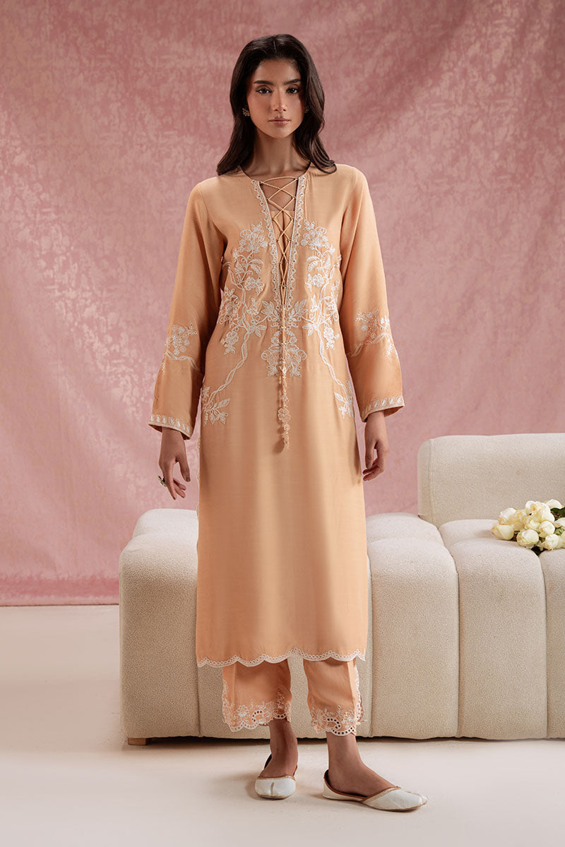 Cross Stitch - Amber Glow Silk Suit For Women - Mustard - 2 Piece