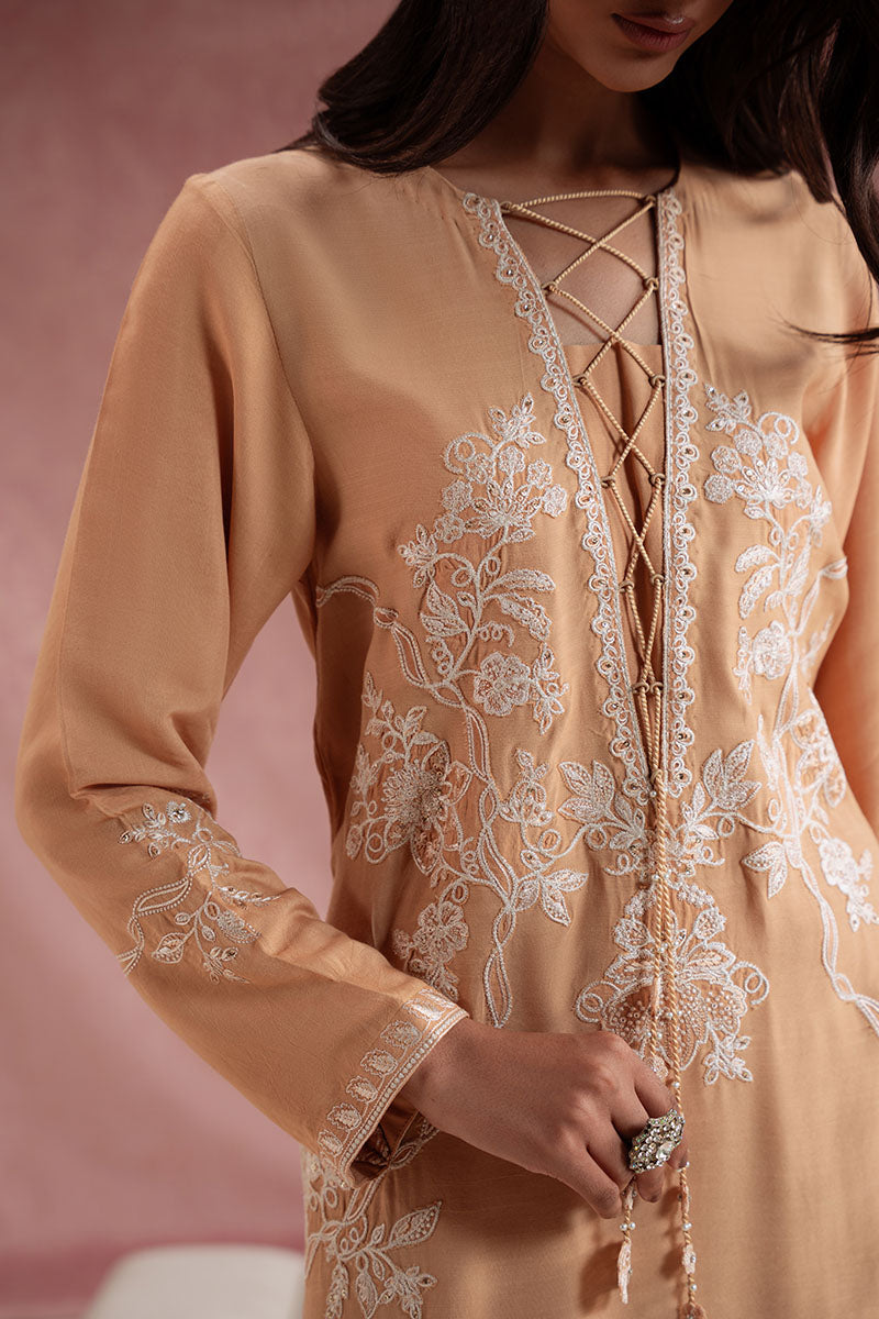Cross Stitch - Amber Glow Silk Suit For Women - Mustard - 2 Piece