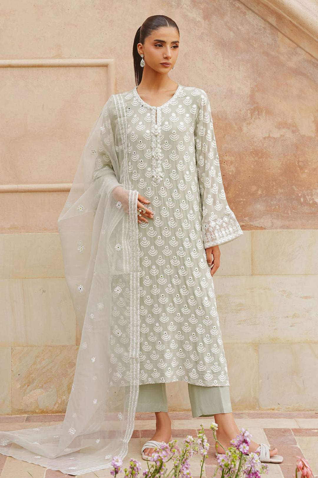 Cross Stitch - Aqua Sparkle Chiffon Suit For Women - Green - 3 Piece