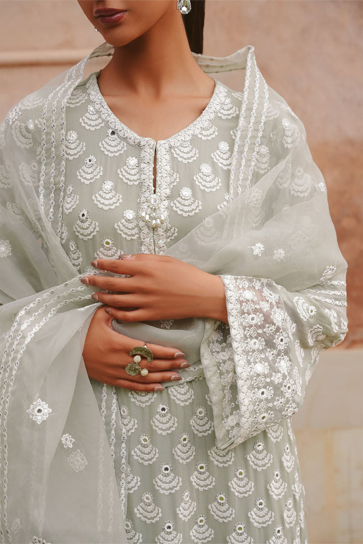 Cross Stitch - Aqua Sparkle Chiffon Suit For Women - Green - 3 Piece